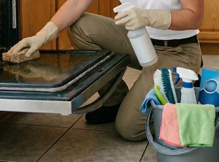 Cleaning tech wiping down an open oven door with a sponge