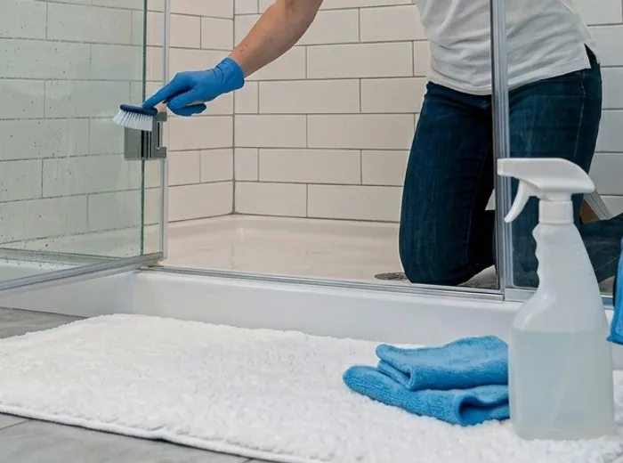 Gloved hand scrubbing a shower door track with a detail brush
