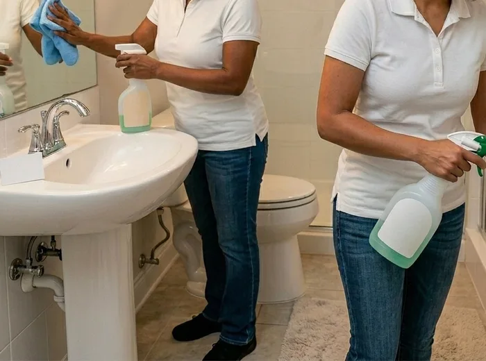 Pedestal sink and faucet being cleaned in a bathroom