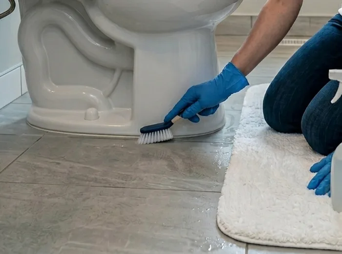 Gloved hands cleaning around the base of a toilet with a brush
