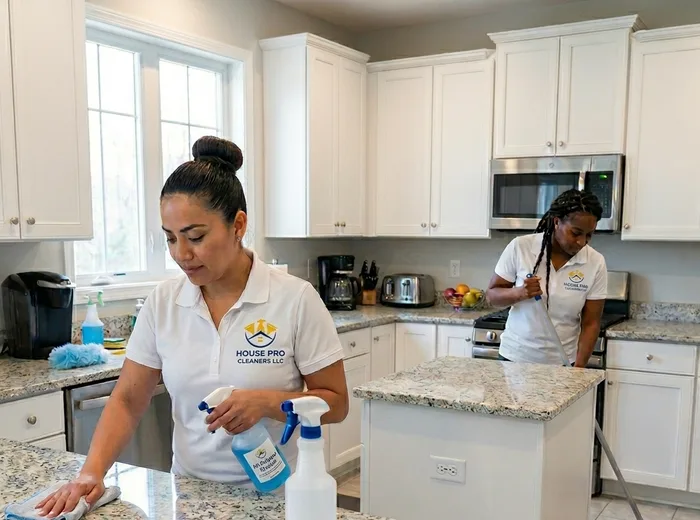 Two cleaning techs wiping counters and mopping in a bright kitchen