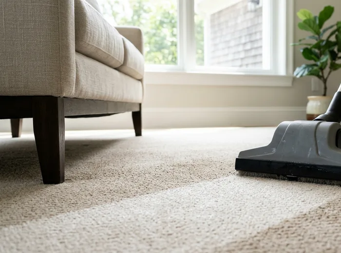 Carpet cleaner head part-way across a living room carpet, clean stripe behind it