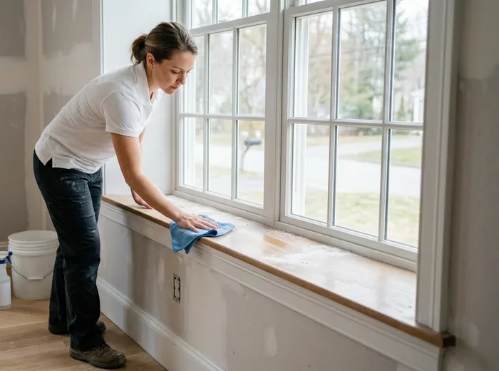 Cleaner wiping construction dust from a windowsill in a freshly renovated room